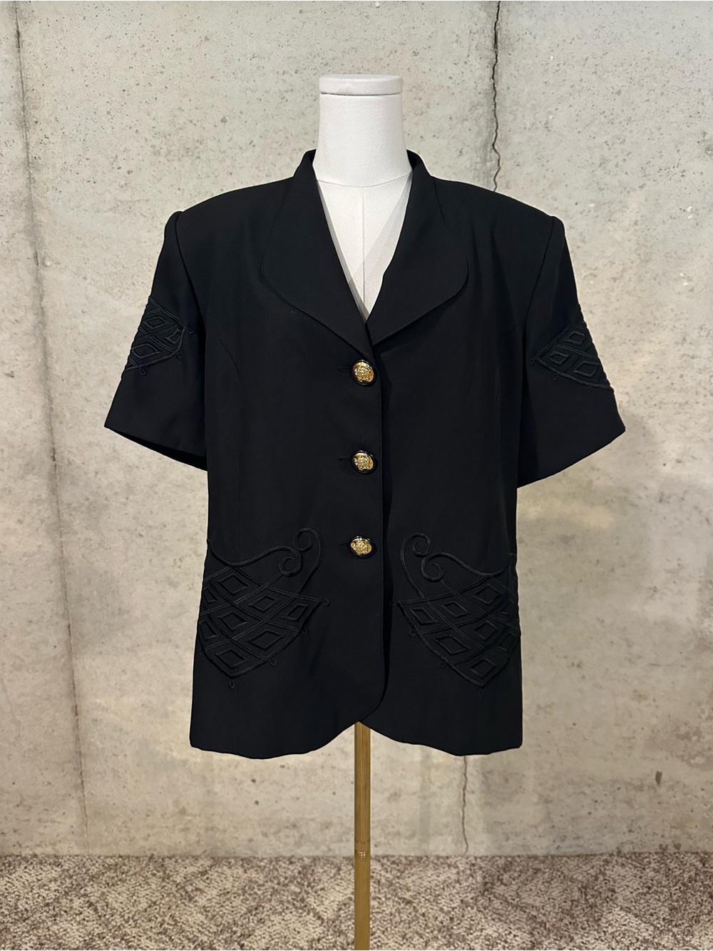 European 80s Vintage Black Embroidered Gold Button Blazer Parisian Chic Size XL